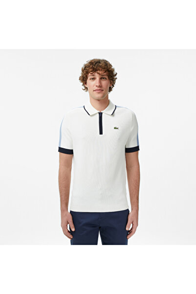 Lacoste Erkek Classic Fit Kısa Kollu Yarım Fermuarlı Beyaz Triko