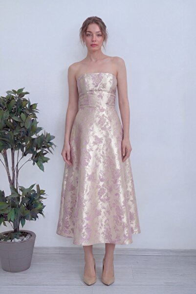 zks grup tekstil Women's Beige Strapless Jacquard Midi Length Evening Dress