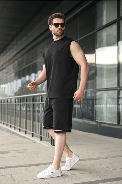 Madmext Black Crew Neck Sleeveless Men's Shorts T-Shirt Set E7351