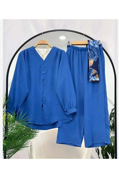 modasindoma بدلة أيروبين ميني نسائية بأزرار باللون الأزرق