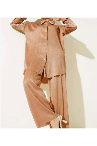 modasindoma Set de două piese pentru femei, aspect satinat, bej material reiat