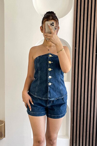 Tmptekstil طقم جينز قصير بأزرار ذهبية بدون حمالات - أزرق داكن أزرق داكن