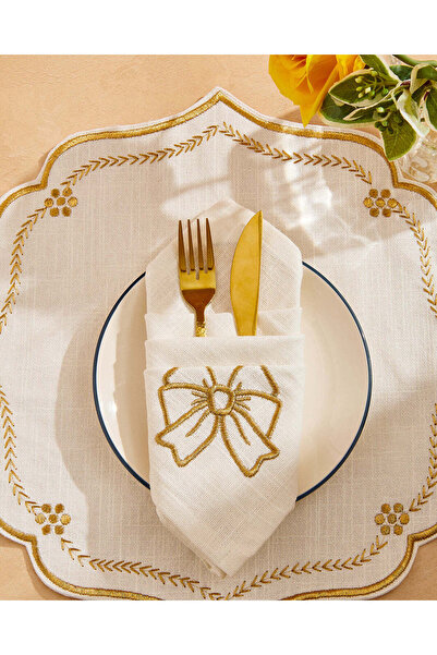 REDTAG طقم مناديل مطرّز باللون العاجي والذهبي، 4 قطع