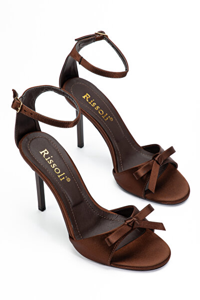 RİSSOLİ Coffee Satin Round Toe Ankle Strap Bow Detail Women's Heels Sandals