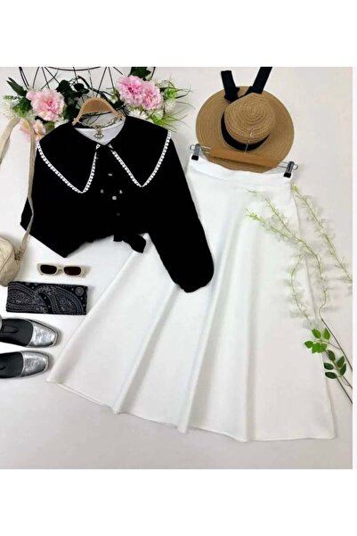 modasindoma Γυναικείο κοστούμι με κεντημένο γιακά και φούστα σε μαύρο χρώμα