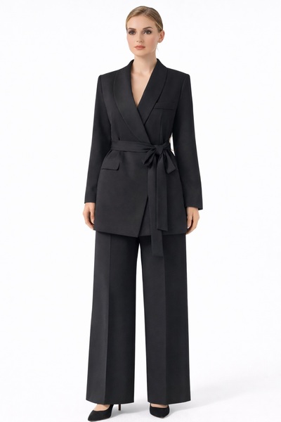 zehra butik SİYAH ŞIK KUŞAKLI CEKET PALAZZO PANTOLON TAKIM