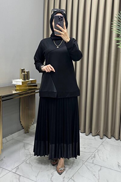 Hürrem BETÜL TAKIM SİYAH Kristal Belis Pamuklu Kumaş Deri ve File Detaylı Ete...
