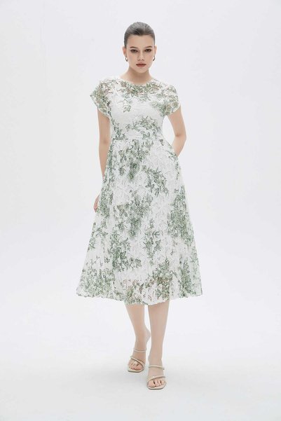 mica Women's short-sleeve perforated floral midi dress with round neck