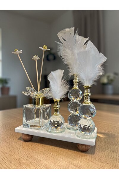 Peramari Dekoratif Kristal Cam 8 Parça Set Mermer Sunumlu Parfüm Şişesi-3 lü ...
