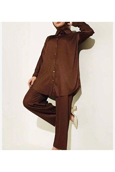 modasindoma Γυναικείο Σετ Σατέν Look κοτλέ Καφέ