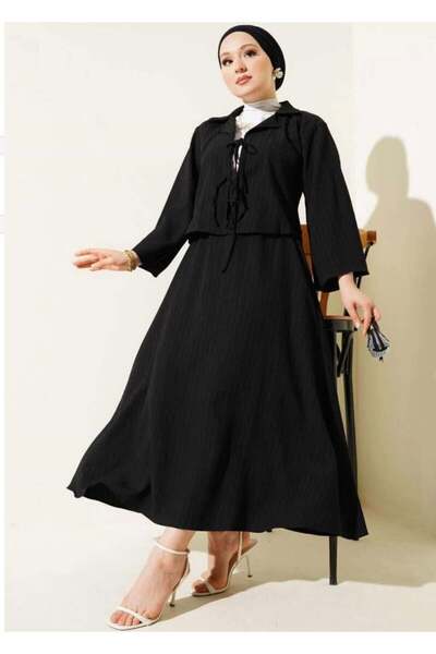 modasindoma Γυναικείο σετ δύο τεμαχίων με Λινό κορδόνια σε μαύρο χρώμα