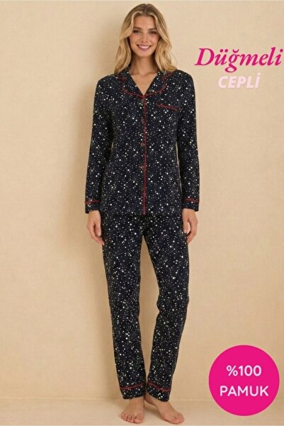 ALİMER Kadın Lacivert Kırmızı Biyeli Yıldız Gömlek Yaka Önden Düğme Uzun Kol ...