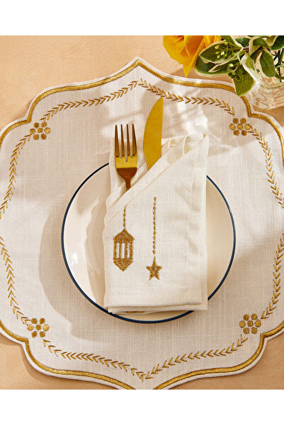 REDTAG طقم مناديل مطرّز باللون العاجي والذهبي، 4 قطع