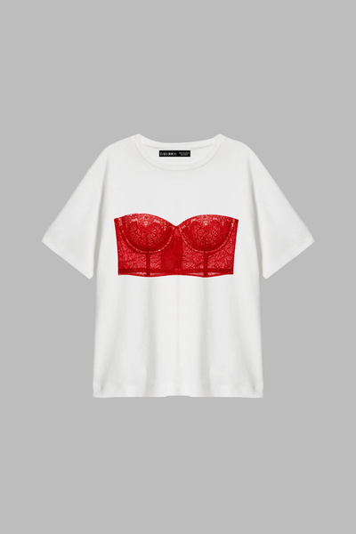 Bak Moda Lace Red Printed Relaxed Fit White Women's Tshirt