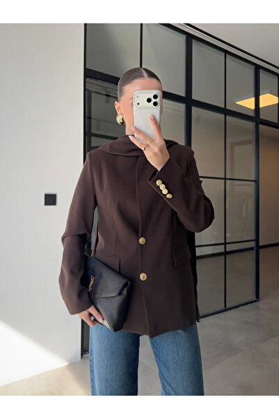 My Blog Brown Shawl Collar Blazer Jacket with Gold Buttons - 9721