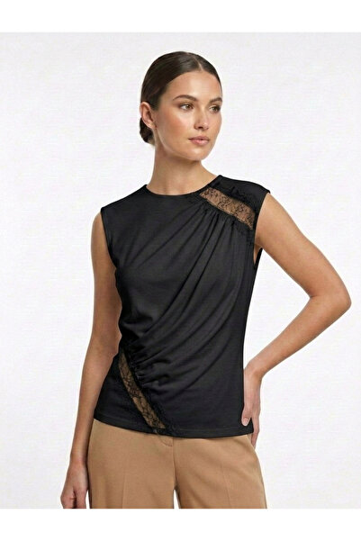 peralist Women's Black Lace and Ruched Detail Lined Sleeveless Sandy Fabric B...