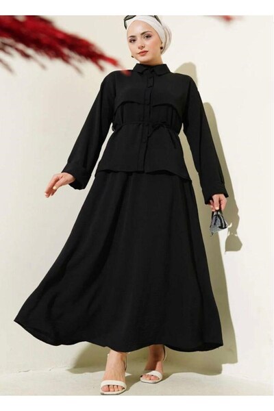 modasindoma طقم تنورة نسائي بتفاصيل مفصلة باللون الأسود