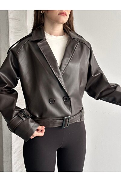 gm giyimarket Women's New Season Belt Li Cropped Leather Jacket