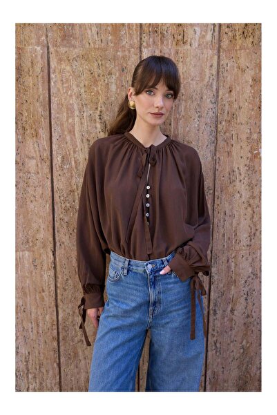 Coral Yakası Tie-Detail Shirt 4988 Brown