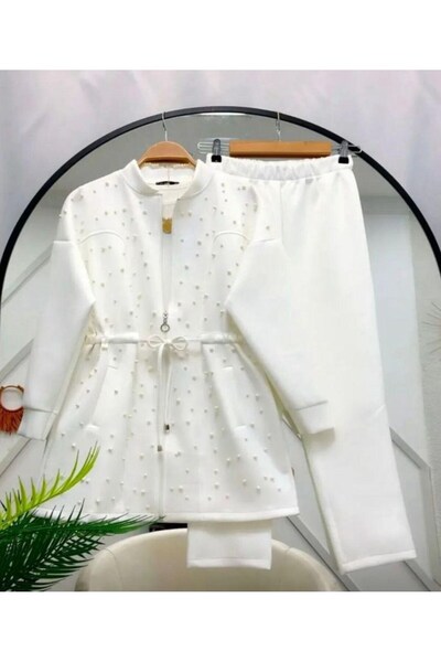 modasindoma بدلة نسائية من اللؤلؤ الأبيض