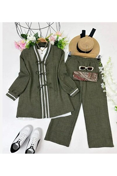 modasindoma Γυναικείο Ζιγκ-ζαγκ Σετ με Λεπτομέρειες Διπλό Σετ Χακί