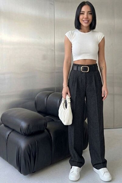 Thiff Women's High Waist Belt Detail Pleated Cotton Linen Palazzo Pants