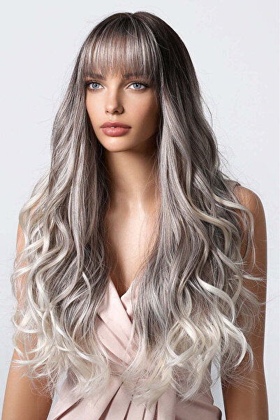 WildFashion Long silver gray ombre wig with straight bangs, premium synthetic...