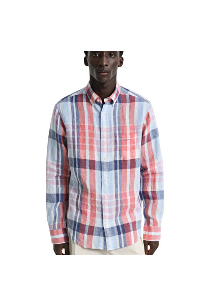 Gant Men's Red Regular Fit Button down Collar Checked Linen Shirt