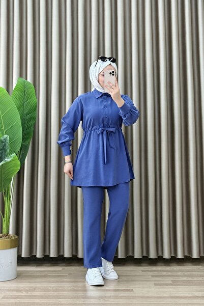 mercan moda MELDA TAKIM Mavi Modal Kupra Kumaş Kadın Bel Bağlama Detaylı Pant...