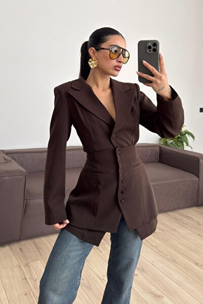 JaMolls çift parça şık blazer üstü tasarım düğmeli geniş ayarlanır korse ikil...