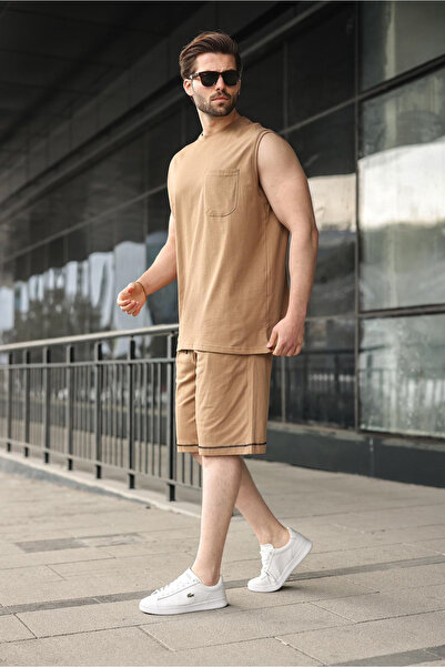 Madmext Cappuccino Crew Neck Sleeveless Men's Shorts T-Shirt Set E7351