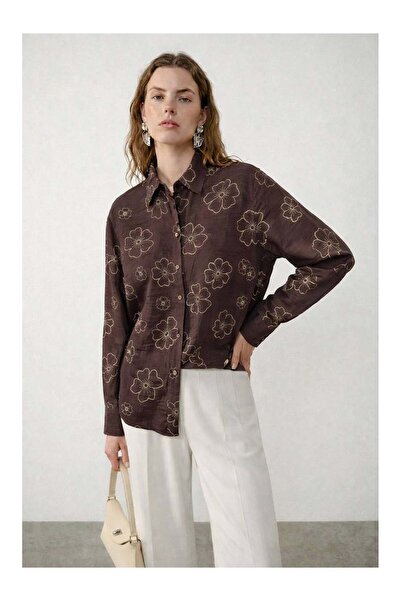 Coral Floral Print Tulle Shirt 8448 Coffee
