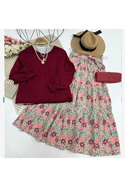 modasindoma Set fustă Çalıkuşu pentru femei, roșu claret