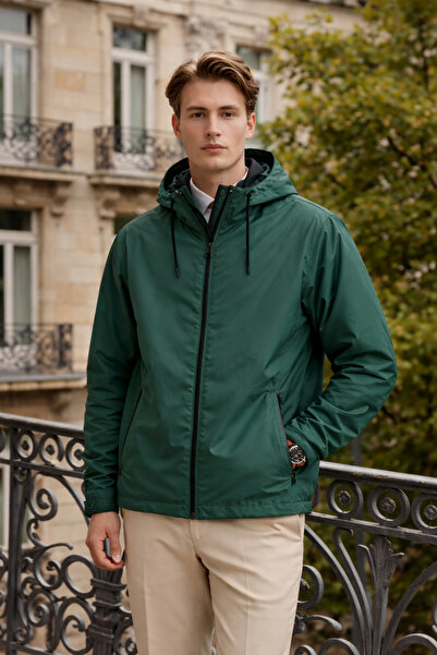 DAMGA JEANS Men's Daily Premium Casual Lined Green Raincoat