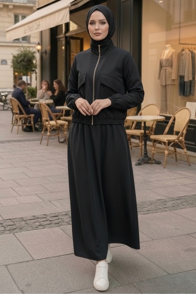 Bestenur Pocket Detail Zippered Double Set 1697 - Black