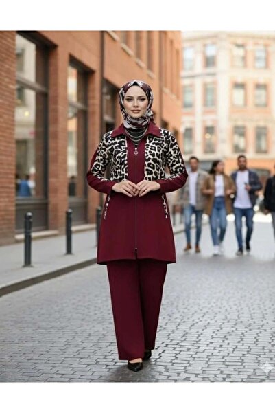 modasindoma Set de damă din două piese cu imprimeu leopard, roșu claret