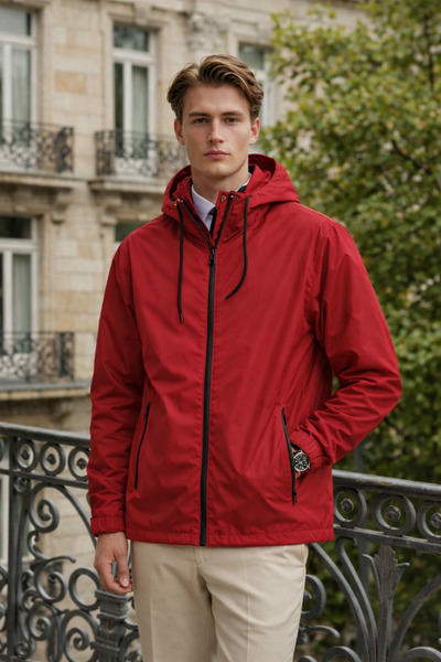 DAMGA JEANS Men's Daily Premium Casual Lined Red Raincoat