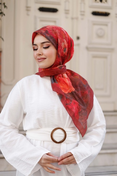 ipekistanbul Tensel Eşarp - Ebruli Desen - Kırmızı