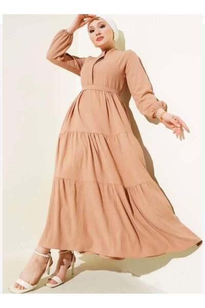 modasindoma Γυναικείο φόρεμα ψηλός λαιμός σε καφέ χρώμα