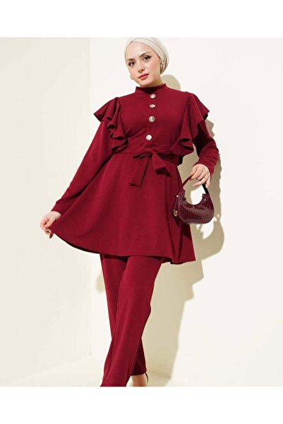 modasindoma Γυναικείο Σετ Δύο Τεμαχίων με Βολάν στους Ώμους και Ζώνη, Βουργουνδί