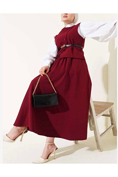 modasindoma Set fustă cu nasturi încrucișați pentru femei, roșu claret