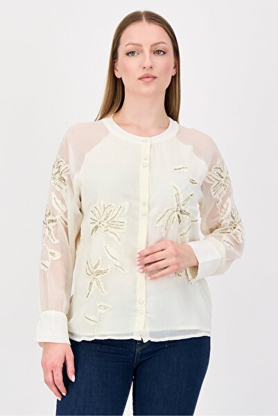 JASON WU Women Round Neck Long Sleeve Embellished Shirt, Cream