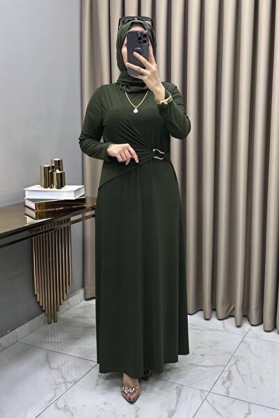 ALYA Hadise Elbise Haki Kadın Sandy Kumaş Bel Aksesuar Detaylı Rahat Kesim El...