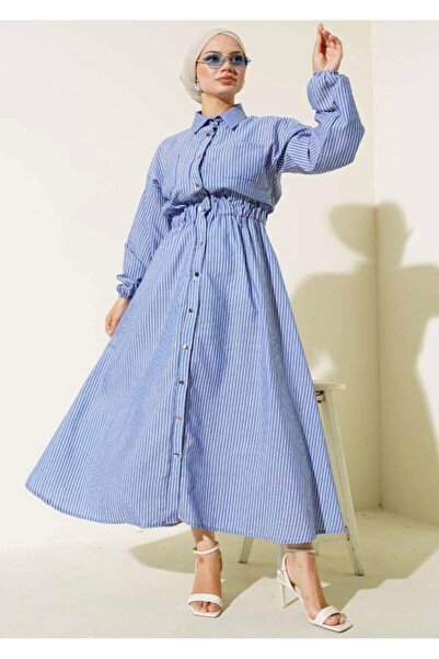 modasindoma Women's Metal Buttoned Striped Dress Navy Blue