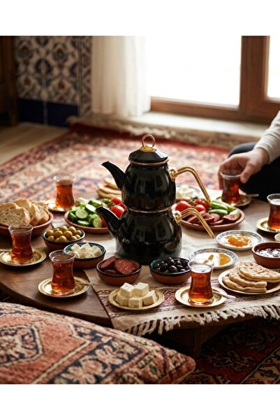 Mebey Home Enamel Teapot Black Gold Locking Lid Teapot Set