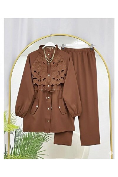 modasindoma طقم نسائي مكون من قطعتين قص بالليزر باللون البني