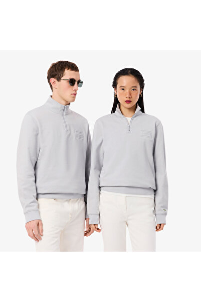 Lacoste Unisex Classic Fit Yarım Fermuarlı Gri Sweatshirt