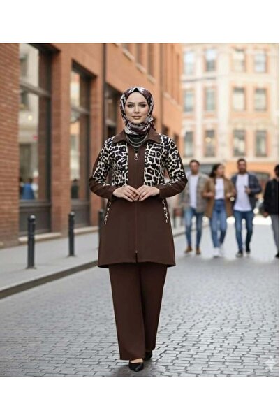 modasindoma Set dublu cu imprimeu leopard pentru femei, maro