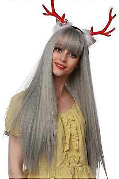 WildFashion Long straight silver gray wig with bangs, premium synthetic fiber...