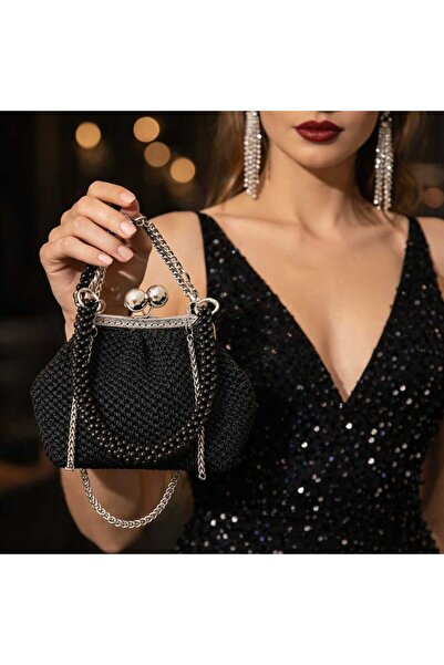 orme Siyah simli inci tokalı çanta